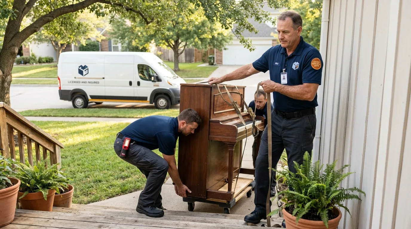 Licensed piano movers securing grand piano in Holly Springs, NC