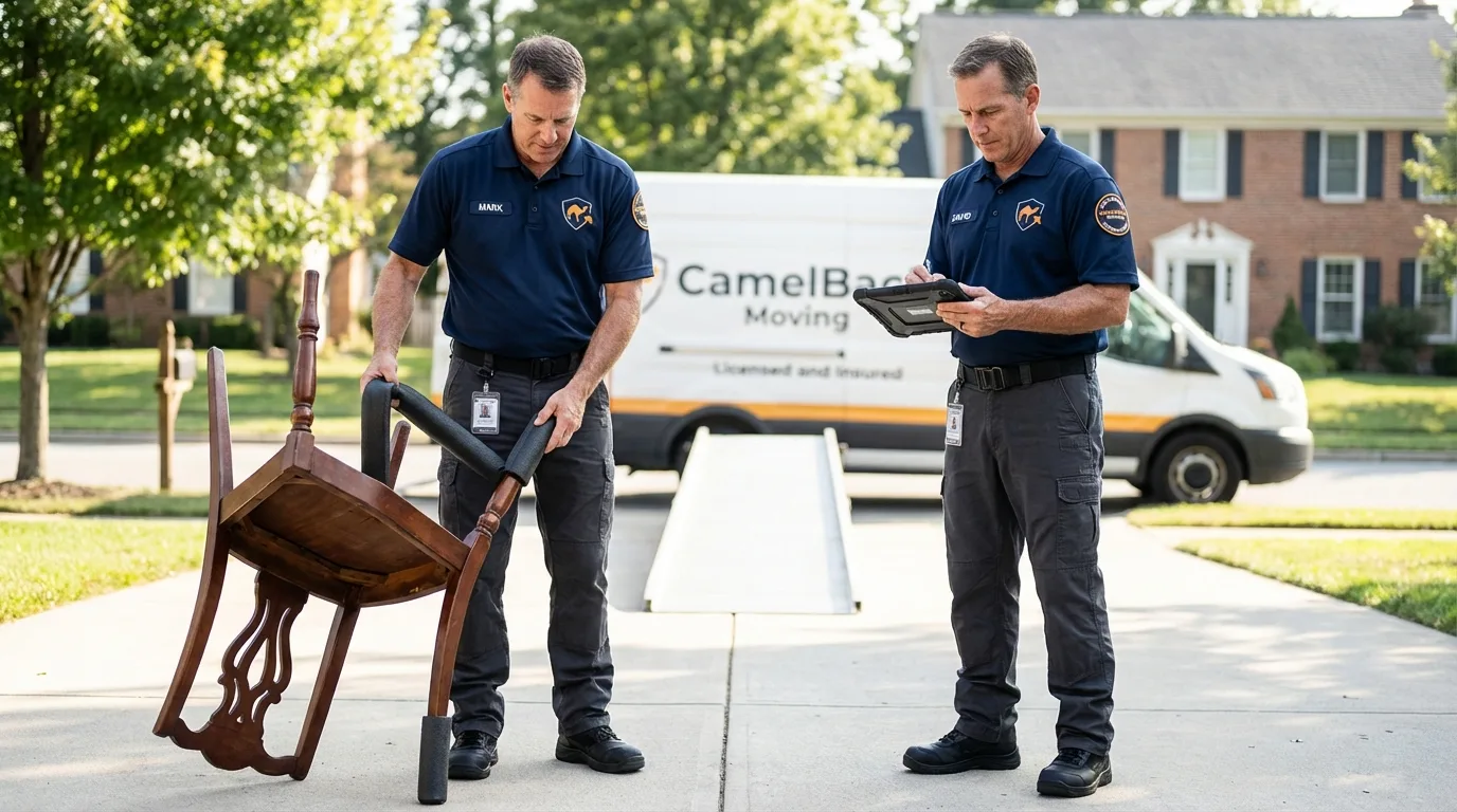 Movers inspecting furniture for damage prevention before loading in Holly Springs, NC