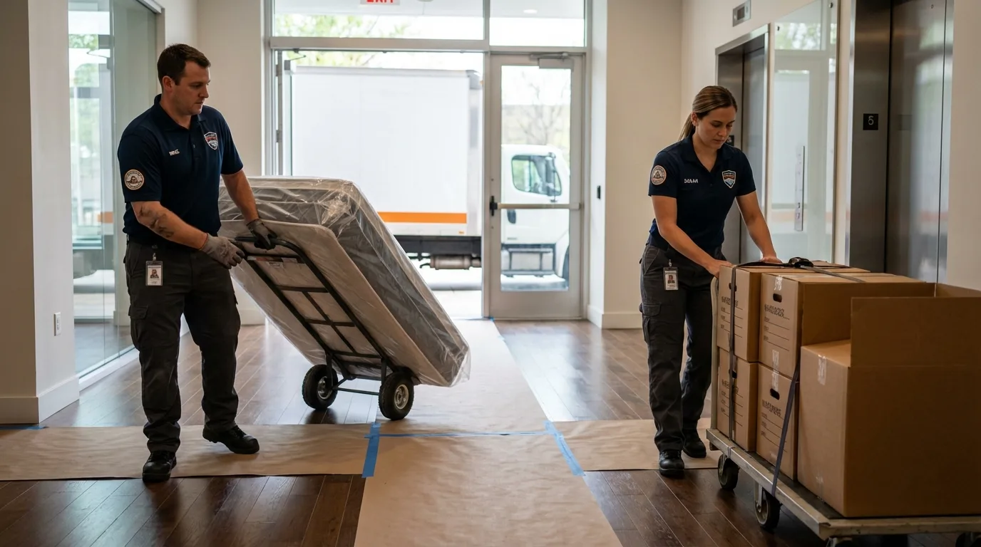 Professional apartment movers loading elevator in Holly Springs, NC