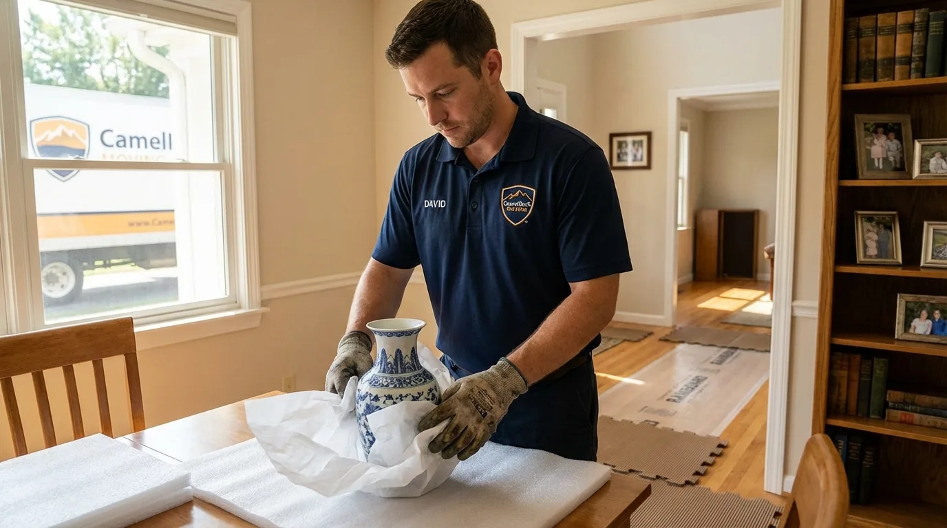 Professional crew carefully wrapping antique vase for senior downsizing move in Holly Springs, NC